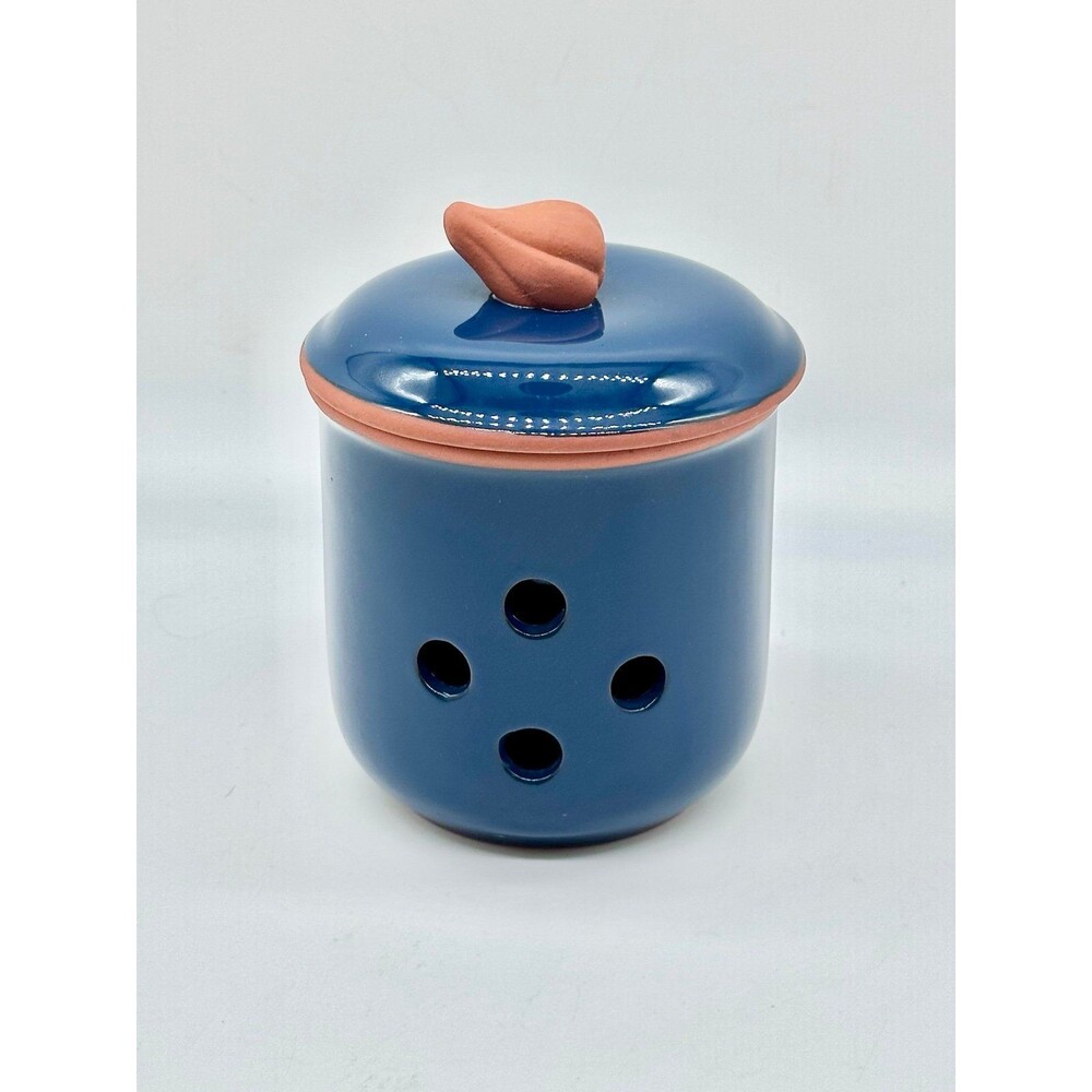 Vintage Terracotta Garlic Jar Holder Keeper Lid Bulb Clove Blue Glaze